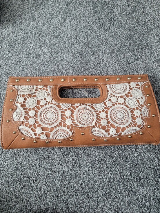 Cato Handbags - Cato Tan Clutch with Cream Lace and Stud Accents